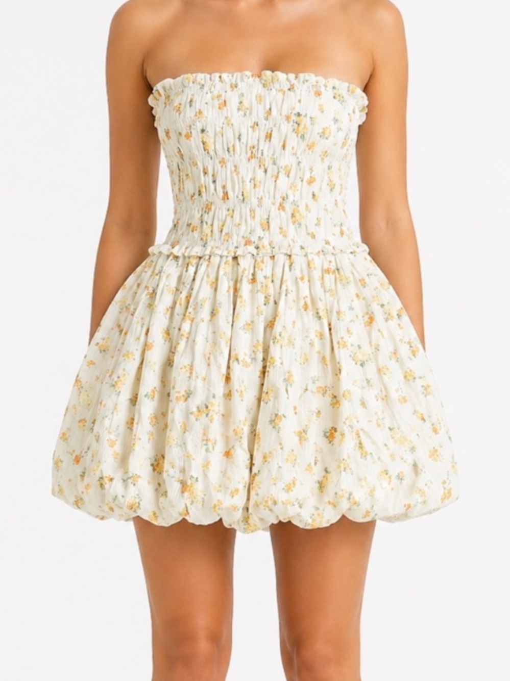 Jessica Simpson Yellow Floral Strapless Smocked Bubble Hem Mini Dress Sz S